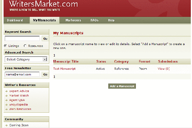 Screenshot of WritersMarket.com